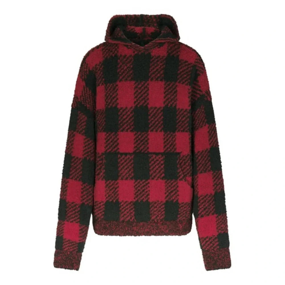 ♥️SKIMS COZY KNIT UNISEX HOODIE BUFFALO CHECK BRICK ONYX 4X/5X - Picture 7 of 8